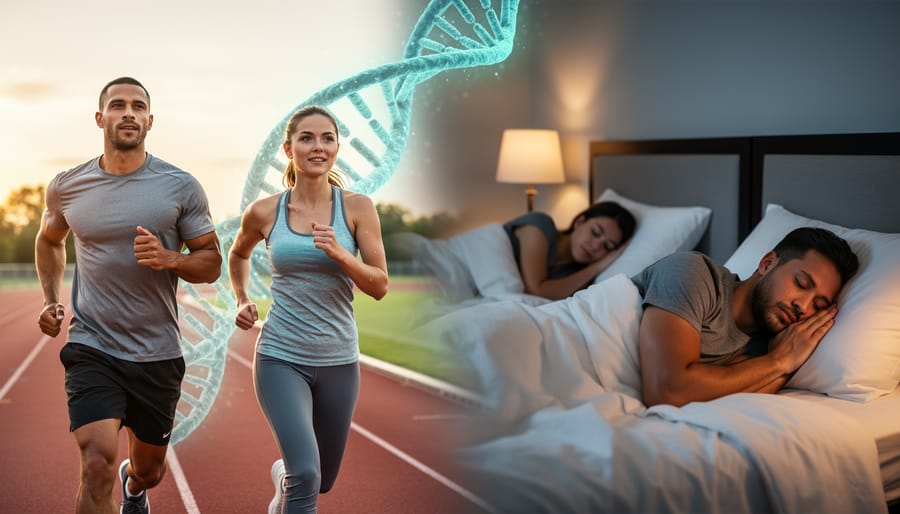 Couple jogging together on forest trail during morning exercise