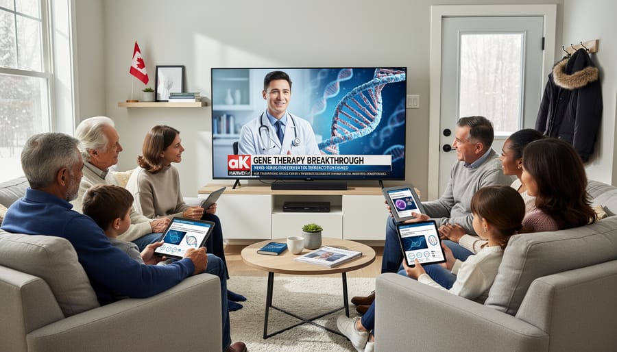 Multi-generational Canadian family researching health information together at home