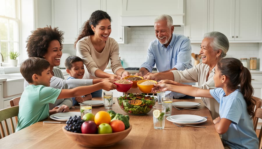 Multi-generational family enjoying healthy meal together at dining table with natural lighting