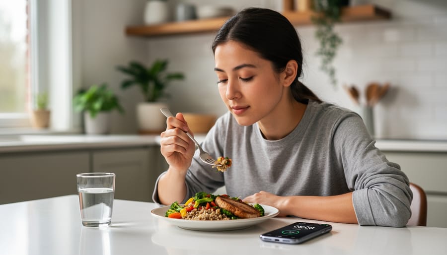 Overhead view of mindful eating setup with hands positioned beside healthy meal
