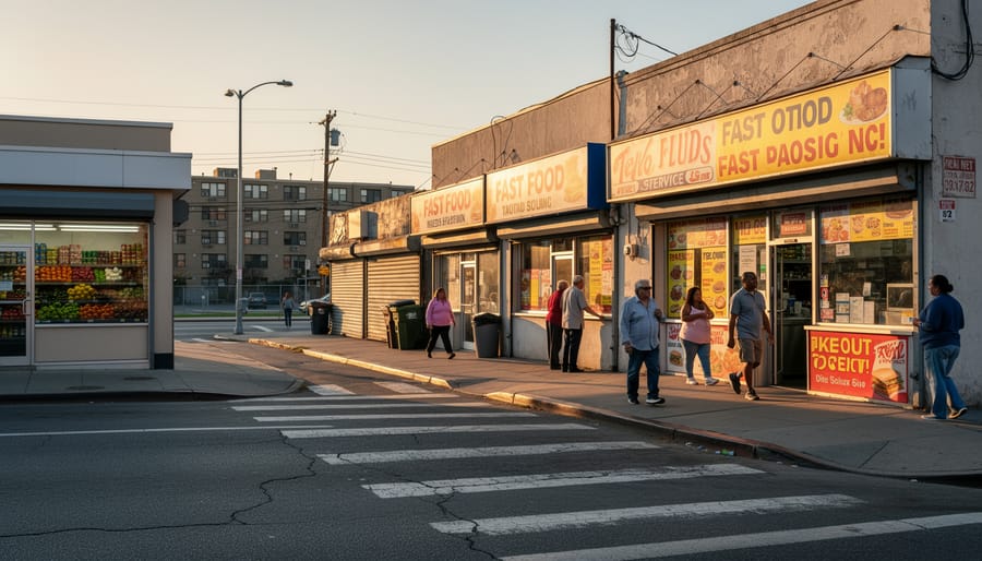 Urban street corner showing closed grocery store surrounded by fast food restaurants