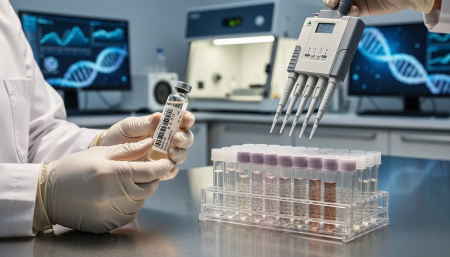 Scientist holding vial of gene therapy treatment in laboratory setting