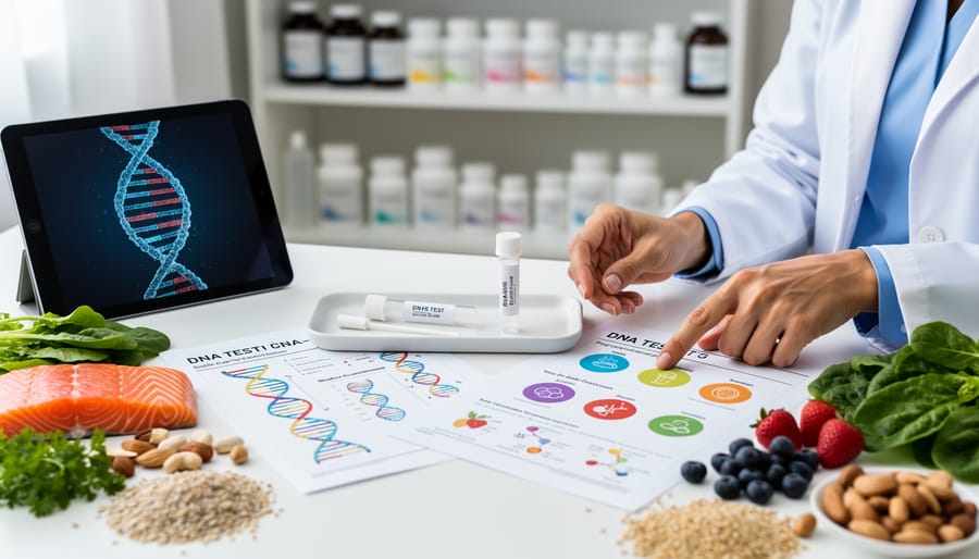 Laboratory scientist holding DNA test tube and cotton swab for genetic testing