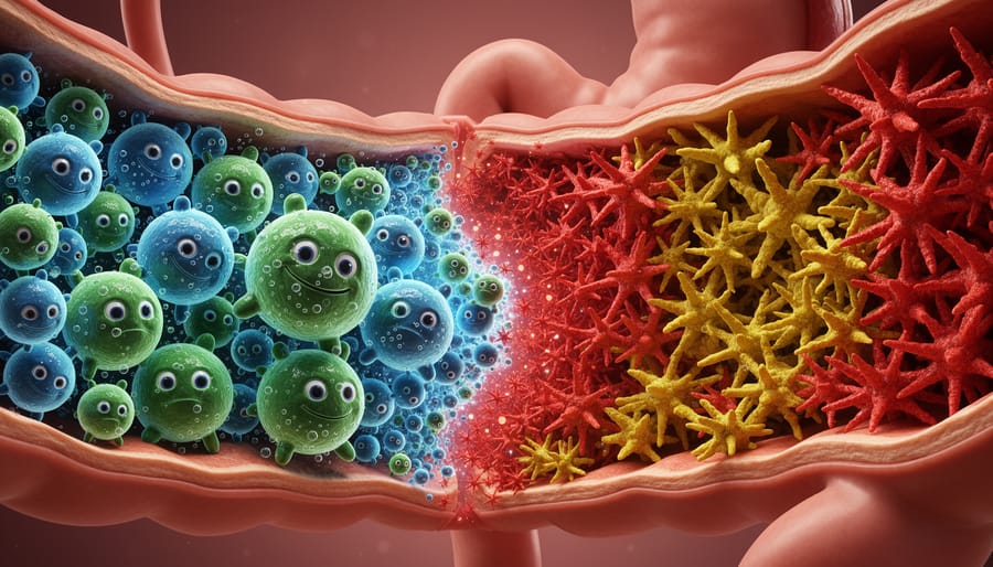 Close-up view of intestinal model showing bacterial colonies on gut lining