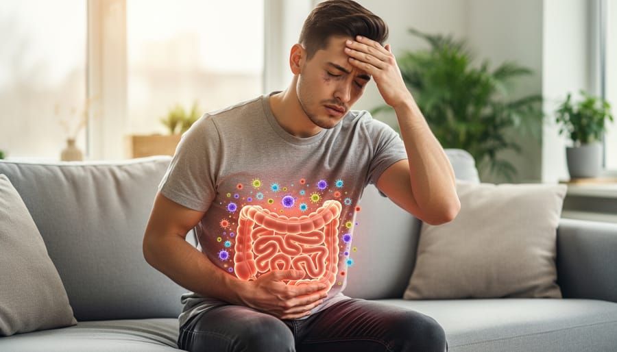Man experiencing digestive discomfort while sitting at kitchen table