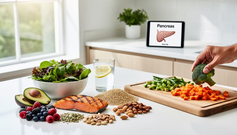 Group of people enjoying a healthy meal with vegetables, whole grains, and lean protein