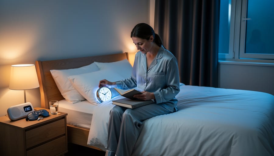 Person waking up refreshed in peaceful bedroom with natural morning light