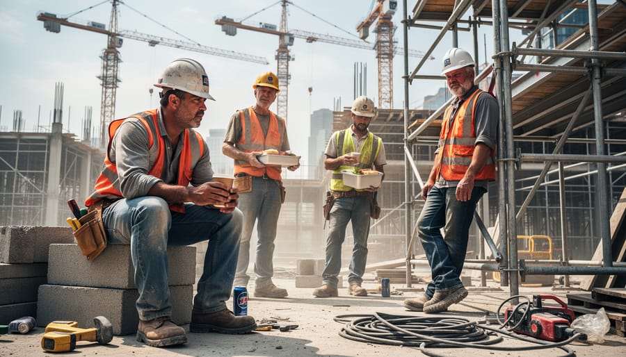 Construction worker in safety gear on steel beam at construction site