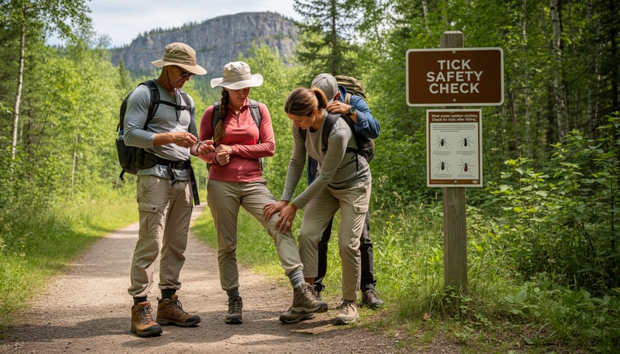 Hiker wearing protective clothing checking legs for ticks on forest trail