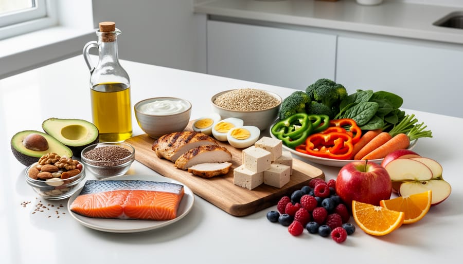 Overhead view of hormone-supporting foods including salmon, avocado, nuts, greens, and berries arranged on marble surface
