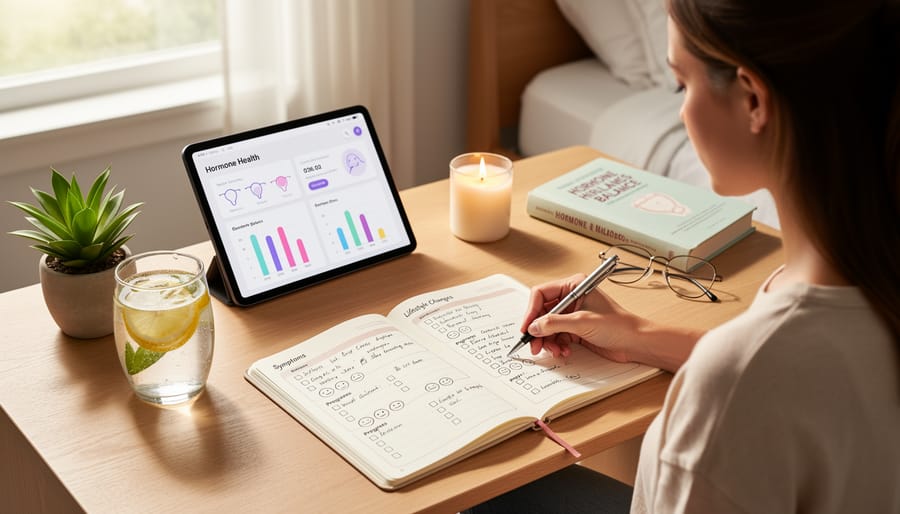 Woman's hands writing in wellness journal with herbal tea and plant on wooden desk