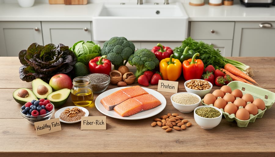 Bowl of hormone-supporting foods including salmon, avocado, leafy greens, nuts and berries on kitchen counter