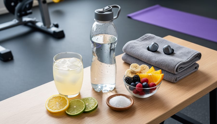 Overhead view of hydration beverages and electrolyte-rich foods for athletic recovery