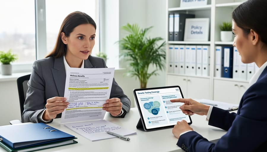 Health insurance documents and materials spread on desk with calculator and glasses