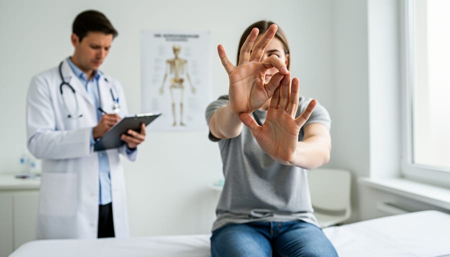 Woman demonstrating joint hypermobility by bending fingers backward