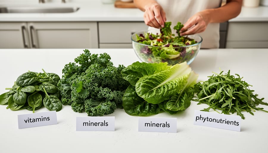 Hands holding wooden bowl filled with fresh leafy greens including kale, spinach and lettuce