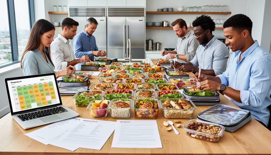 Organized meal prep containers with balanced healthy meals on office desk