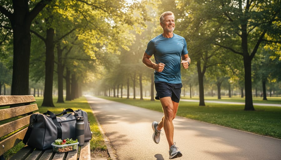 Group of middle-aged men jogging together on outdoor trail showing active healthy lifestyle