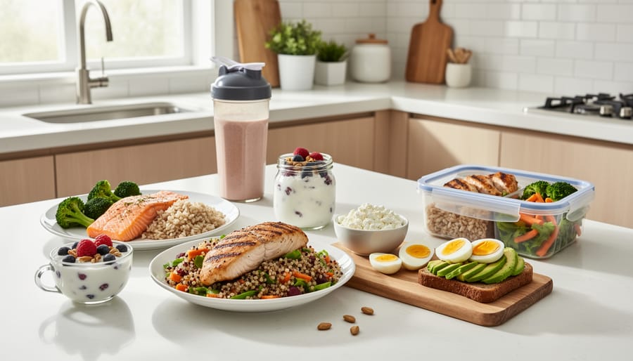 Man grilling salmon and chicken outdoors showing protein-rich food preparation