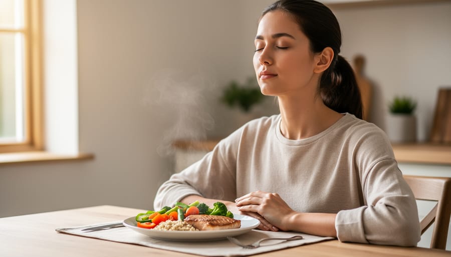 Woman practicing mindful breathing before eating a healthy meal at dining table