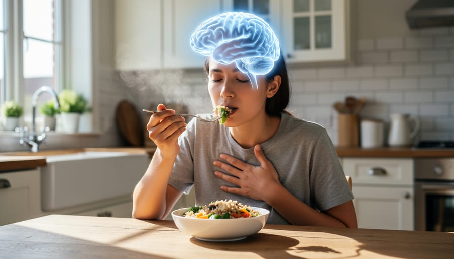 Person practicing mindful eating with closed eyes holding healthy salad bowl
