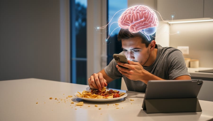 Person eating while distracted by smartphone at dining table