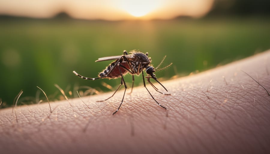 Close-up of mosquito landing on human forearm preparing to bite