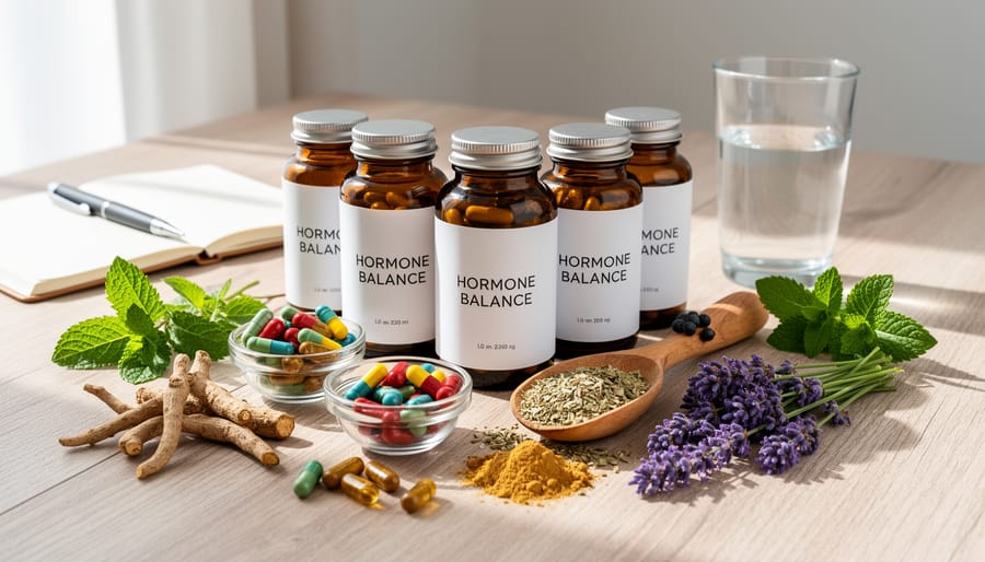 Hands holding natural supplement bottles with fresh herbs on wooden table