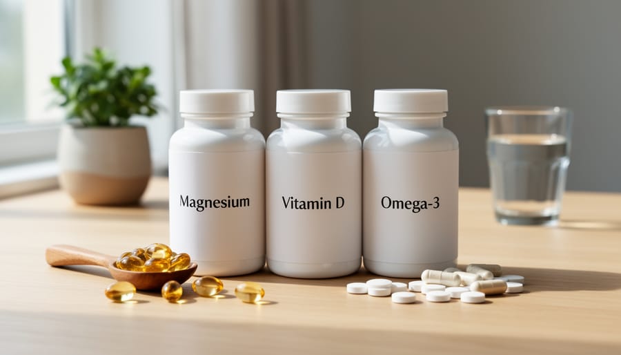 Natural supplements and herbs for hormonal health including vitamins and adaptogens arranged on wooden surface