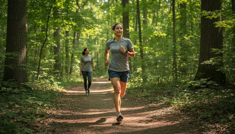 Person walking on forest trail surrounded by evergreen trees
