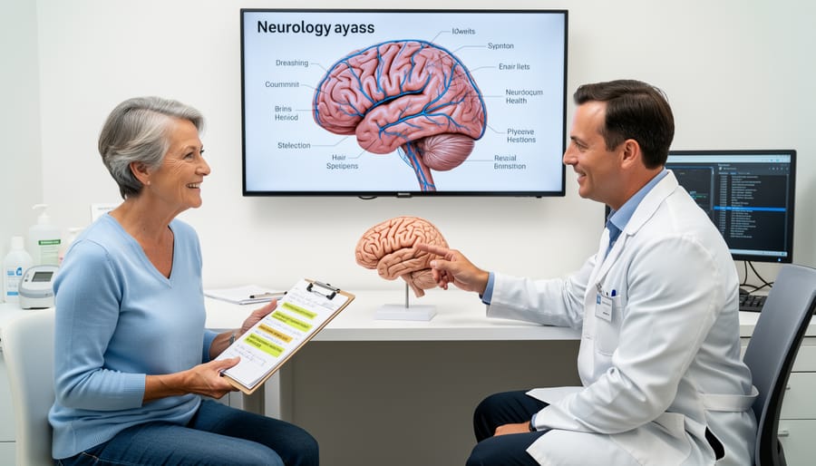 Doctor's hands examining anatomical brain model in medical office setting