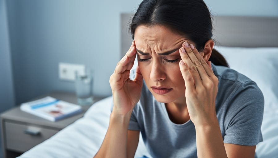 Woman experiencing headache symptoms at home