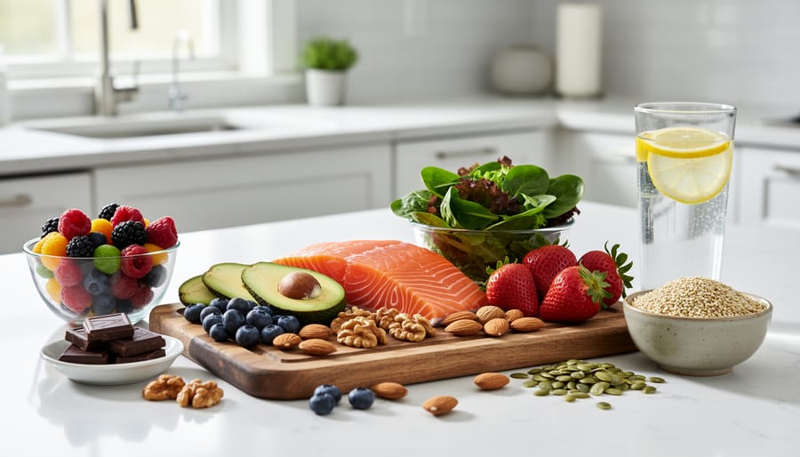Overhead view of brain-healthy foods including salmon, nuts, berries, and leafy greens arranged on marble surface