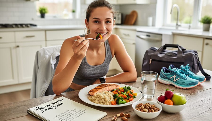 Balanced healthy meal with colorful vegetables, proteins and whole grains on wooden table