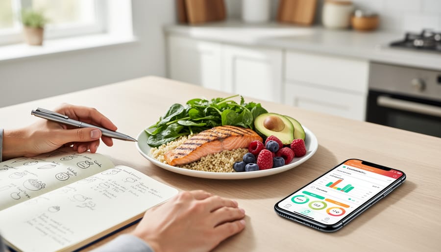 Person tracking food and health metrics in journal alongside smartphone with health app