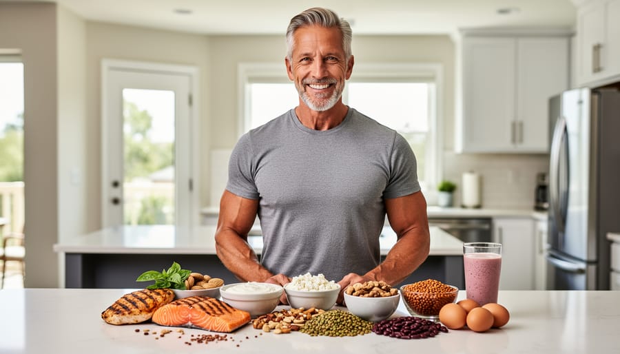 Mature man preparing protein-rich healthy meal in modern kitchen