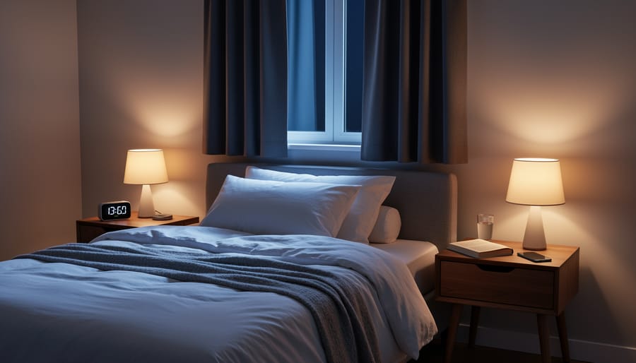 Well-organized bedroom with proper lighting setup for healthy sleep environment