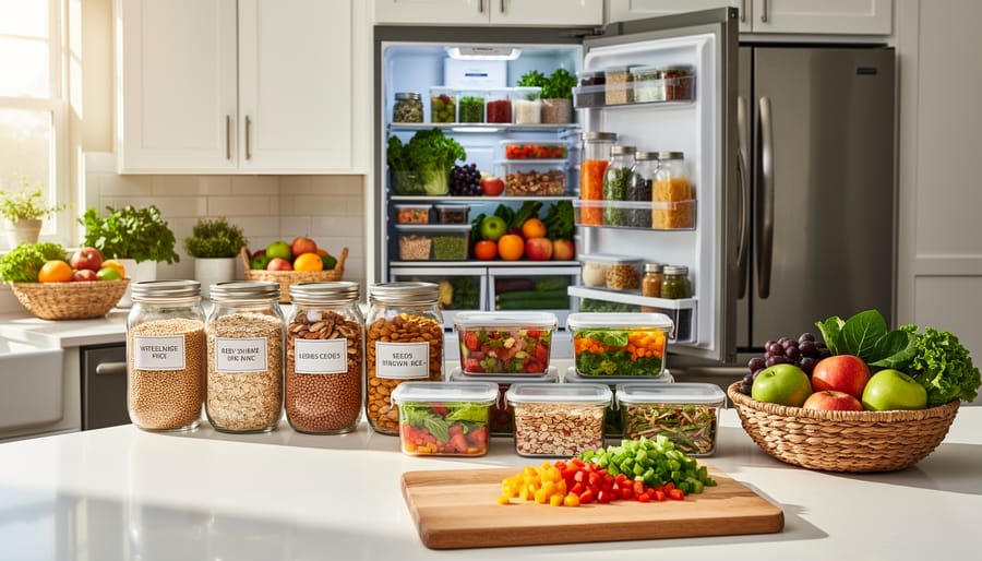 Well-organized refrigerator with clear containers of fresh vegetables and prepared healthy meals