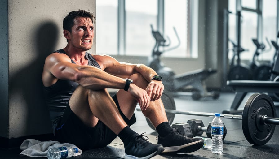 Exhausted athlete sitting on gym floor showing signs of overtraining fatigue