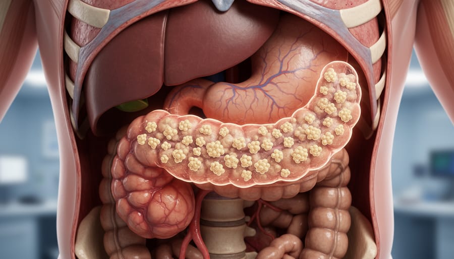 Anatomical view showing the location of the pancreas in the human body