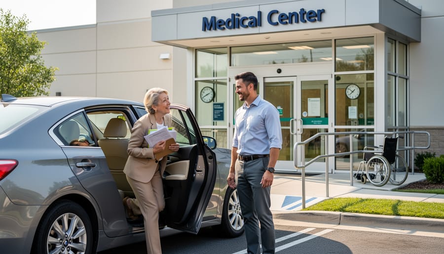 Diverse patients in medical clinic waiting room after successful transportation to appointments