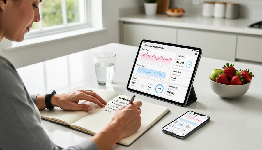 Health journal and monitoring tools arranged on desk for personal preventive health tracking