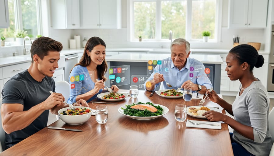Overhead view of diverse hands selecting different foods from various plates representing individual nutrition choices