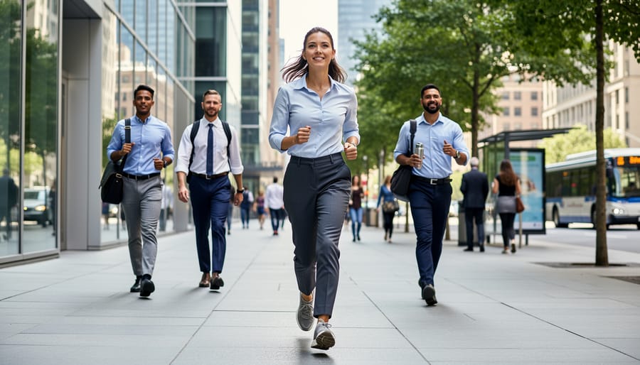 Professional power walking briskly on city sidewalk during commute