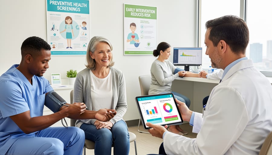 Doctor performing preventive health examination with stethoscope on patient