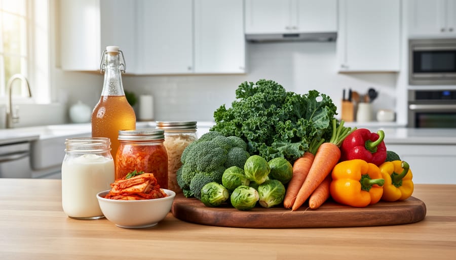 Overhead view of gut-healthy foods including yogurt, fermented vegetables, and fresh produce