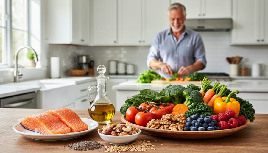 Healthy meal featuring salmon, tomatoes, leafy greens, and berries arranged on wooden board