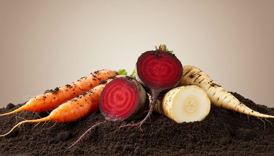Close-up of freshly harvested root vegetables including carrots, beets and parsnips with soil