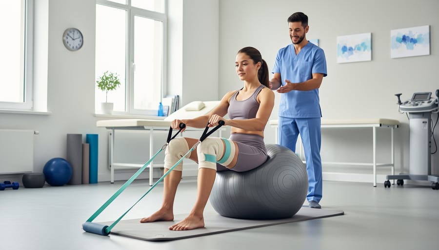 Person practicing gentle stretching exercise on yoga mat with supportive equipment nearby