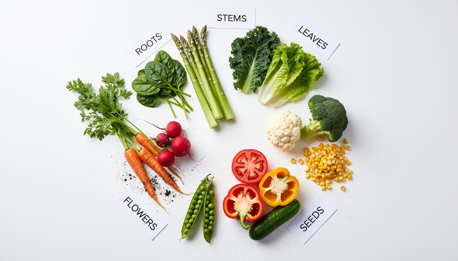 Overhead view of various fresh vegetables grouped by plant part including roots, stems, leaves, flowers, fruits and seeds
